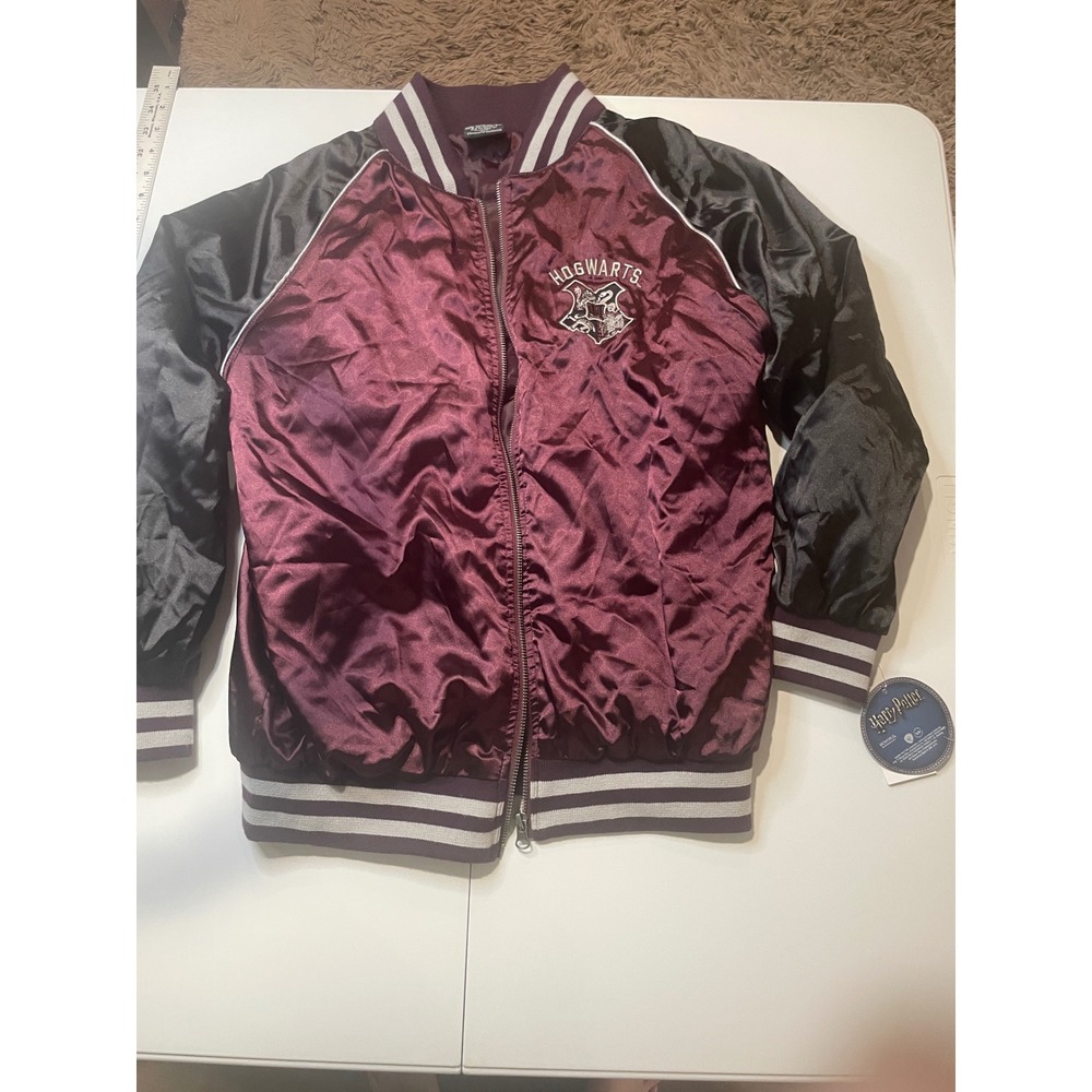 Harry Potter Hogwarts Varsity Bomber Jacket Beet Red Black Satin Large NWT